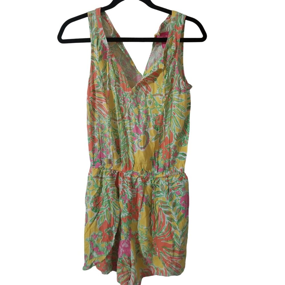 Lilly Pulitzer XS Floral Print Sleeveless V-Neck Romper Yellow Green Pink Lightw